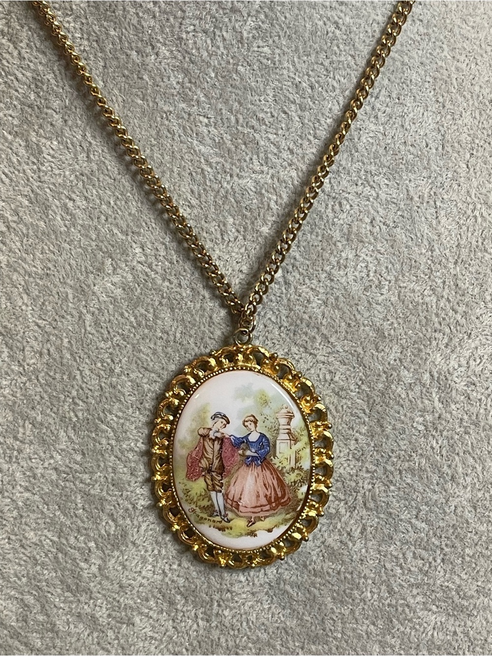 Vintage courting couple porcelain necklace